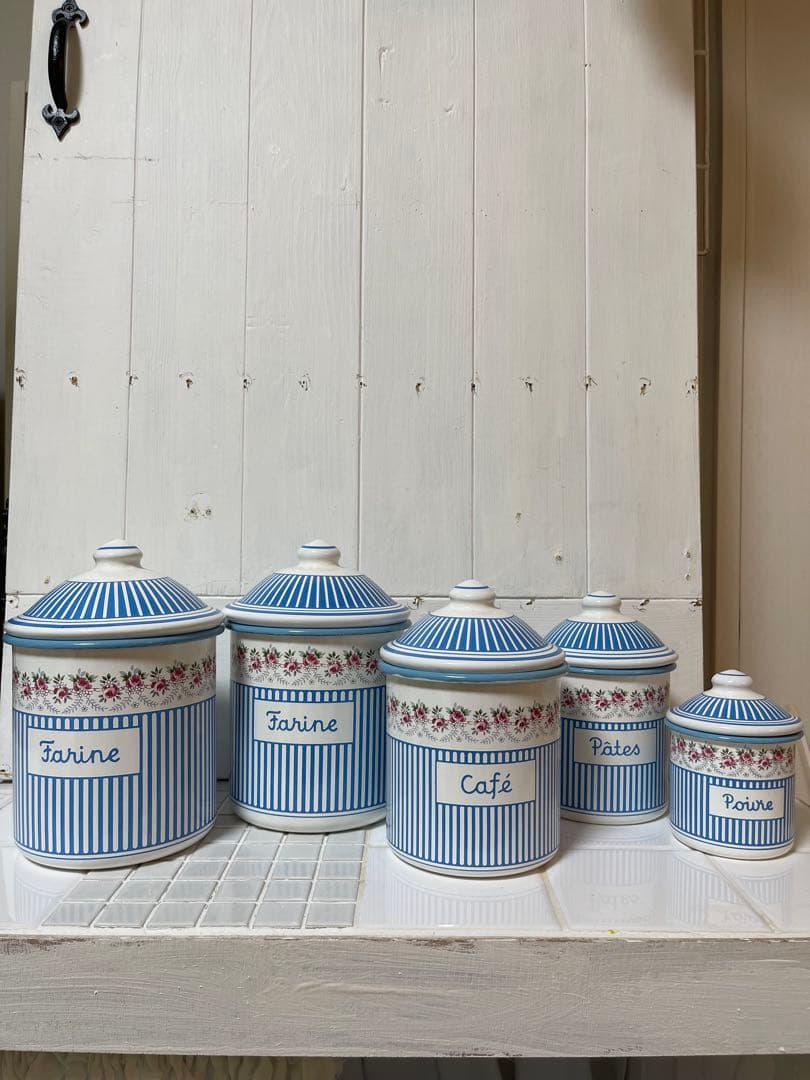 ホーロー　キャニスター　花柄　ブルー　5個セット