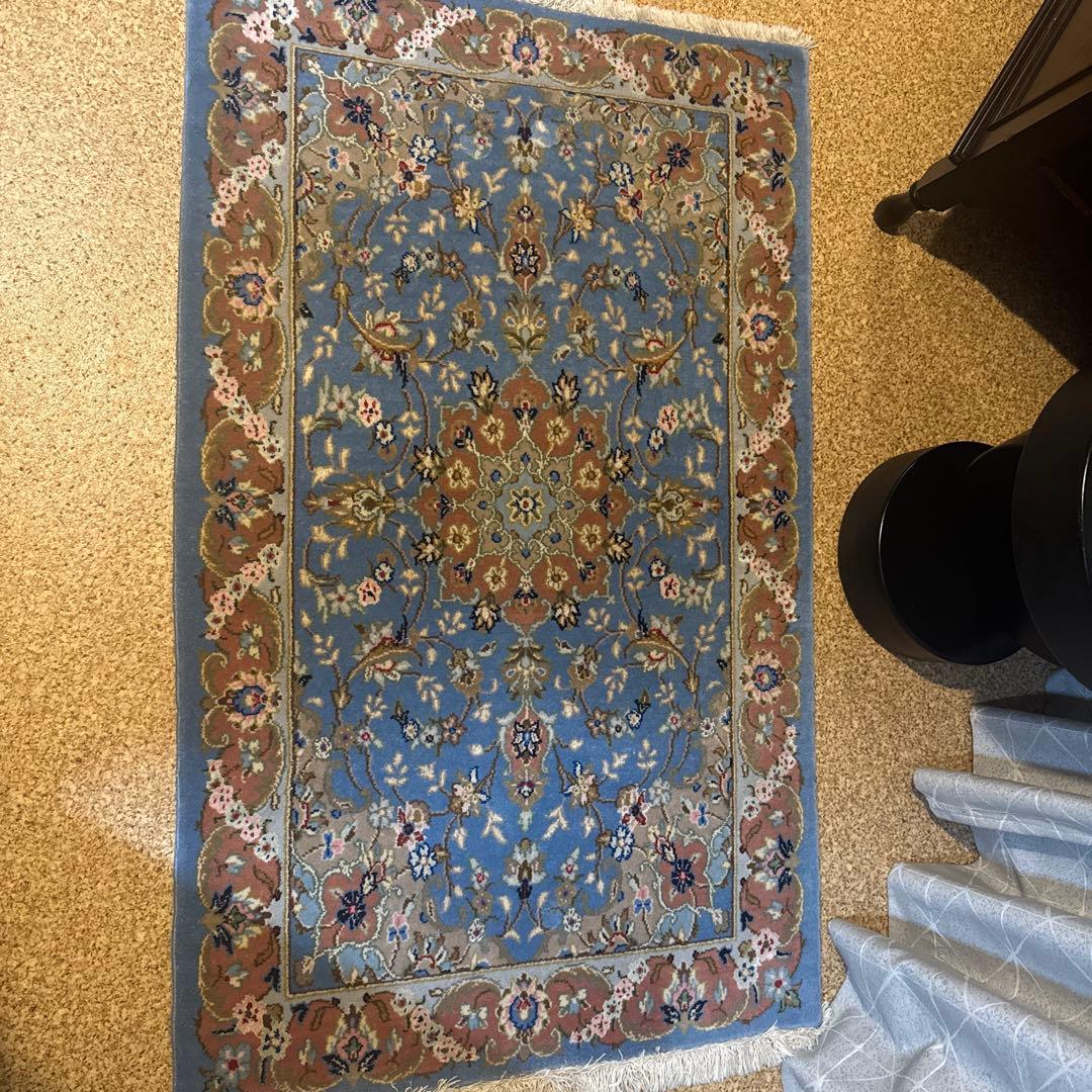 青い花柄ラグ フリンジ付き　ウールラグ