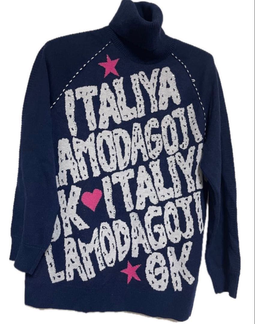 伊太利屋タートルロング丈ジャガードニット極暖セーター９号大きめ11号ロゴジュエル