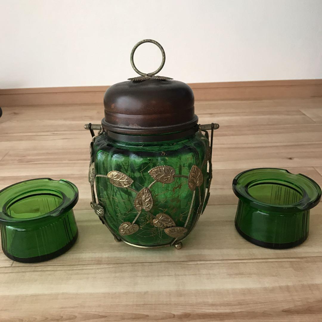 昭和レトロ＊オルゴール付グリーンガラスポット「乙女の祈り」同色アッシュトレイ2個