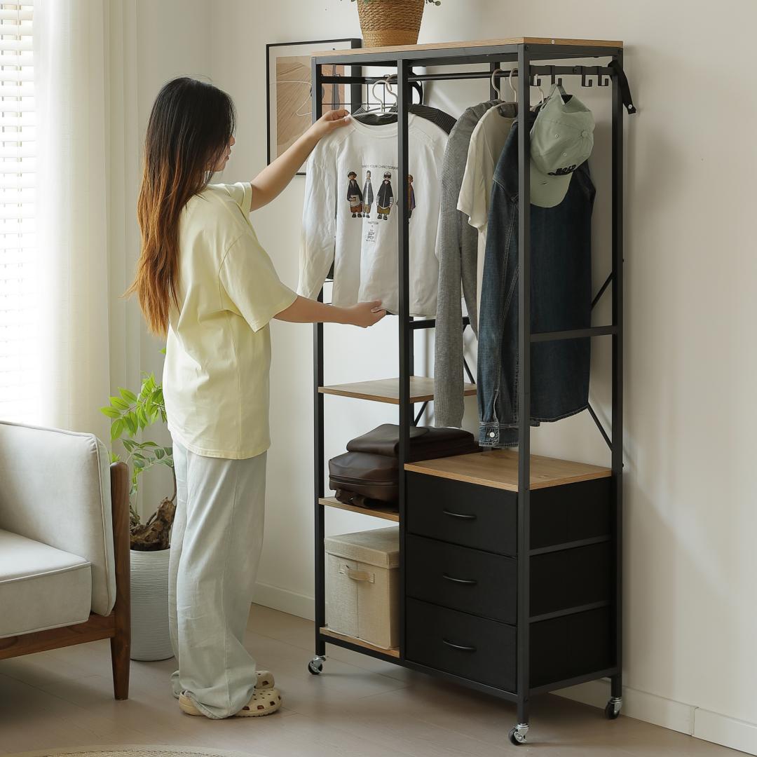 ハンガーラック 引き出し付きスリム 幅80ｘ奥行35cm タンス付き　BLACK