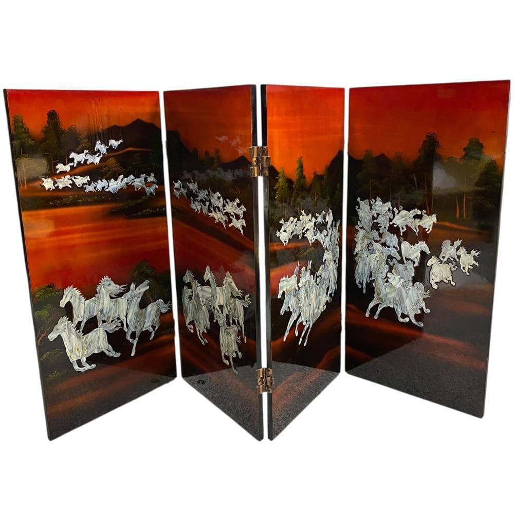 螺鈿細工 パテーション 衝立 「馬倒成功」 4連衝立 漆塗り 百頭馬柄 枕屏風