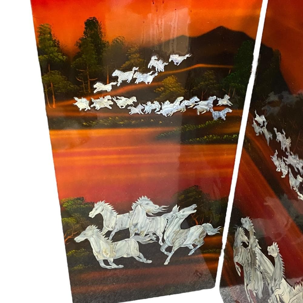 螺鈿細工 パテーション 衝立 「馬倒成功」 4連衝立 漆塗り 百頭馬柄 枕屏風