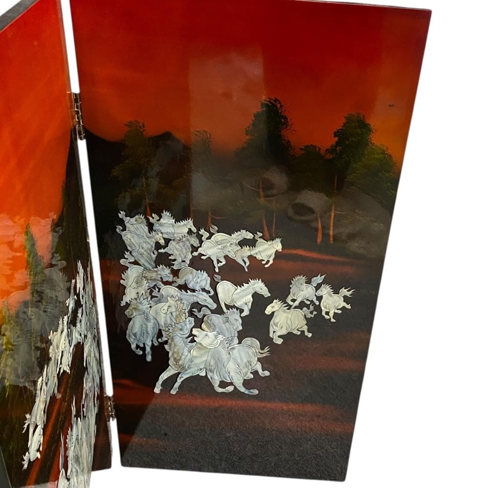 螺鈿細工 パテーション 衝立 「馬倒成功」 4連衝立 漆塗り 百頭馬柄 枕屏風