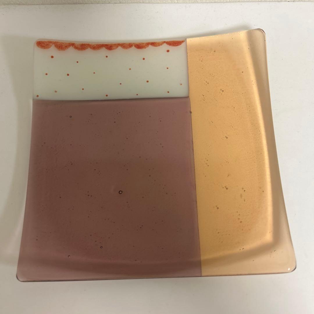 作家　ガラス作家　角皿　四角皿　プレート　ドット　ピンク×オレンジ