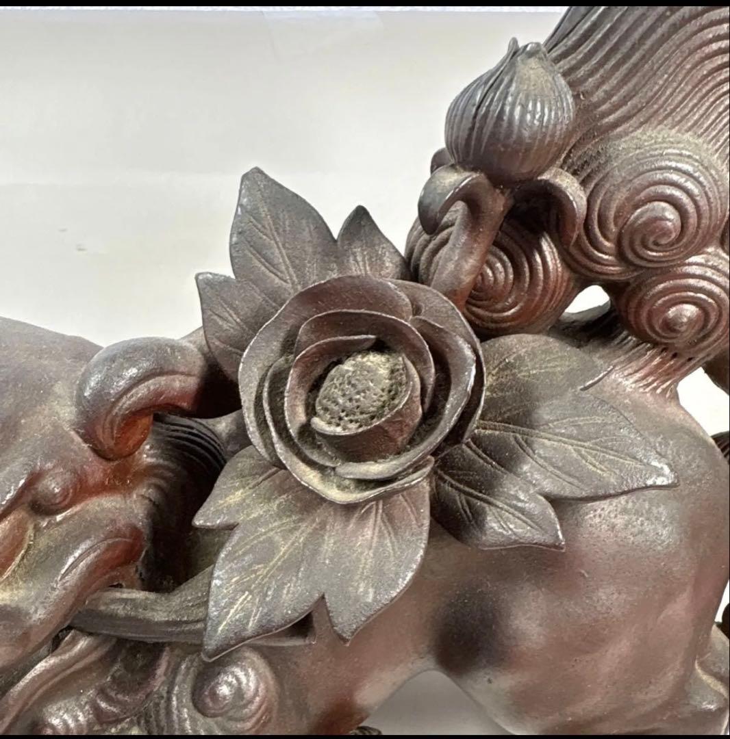 古い備前焼獅子置物 陶印 春芳 牡丹獅子