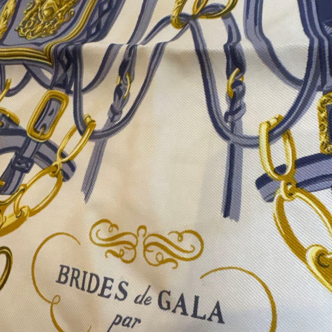 HERMES カレ40 ブリッドドゥガラ 馬具　スカーフブルー　シルク　エルメス