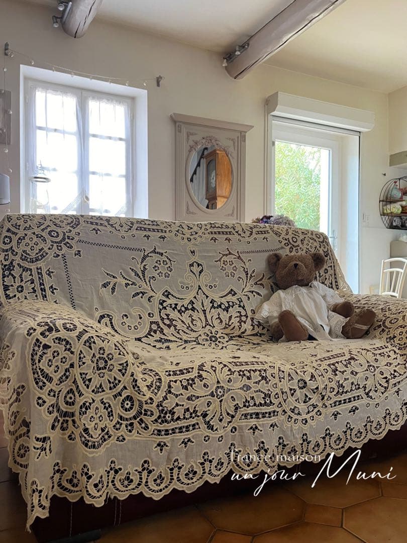 ◆フランスアンティークお宝級手刺繍超大判テーブルクロス大きいベッドカバーソファー