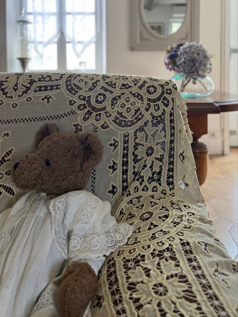 ◆フランスアンティークお宝級手刺繍超大判テーブルクロス大きいベッドカバーソファー