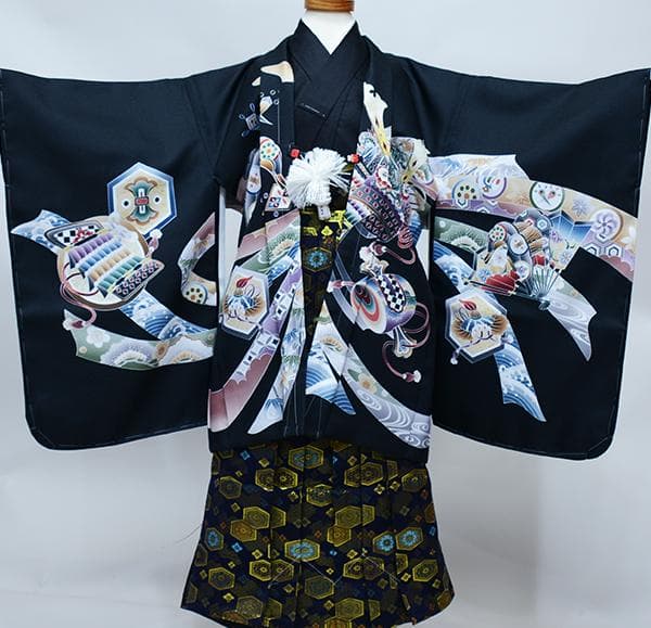 七五三 五歳 男児 羽織袴フルセット L寸 黒地 兜 袴変更可能 NO38726