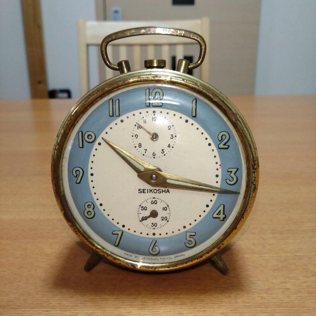 ◆昭和レトロ◆時代物◆ビンテージ◆精工舎◆目覚まし時計◆ゼンマイ式◆水色と金色