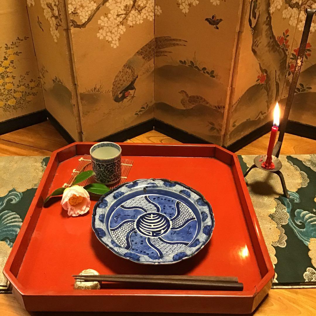 940 古伊万里　懐石道具　染付　見込白抜寿文字　墨弾き捻り紋様　皿　5枚