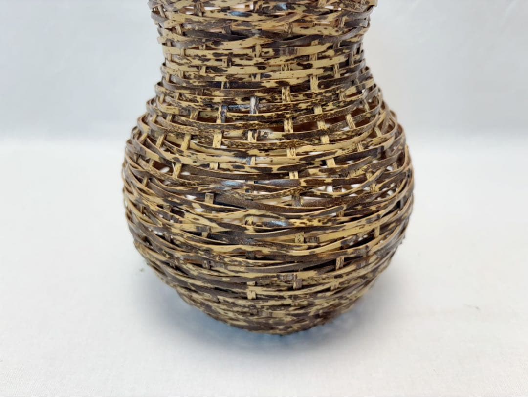 未使用 華道具 斑竹 瓢箪形 竹花入 掛置兼用 竹おとし付き 竹工芸 竹篭