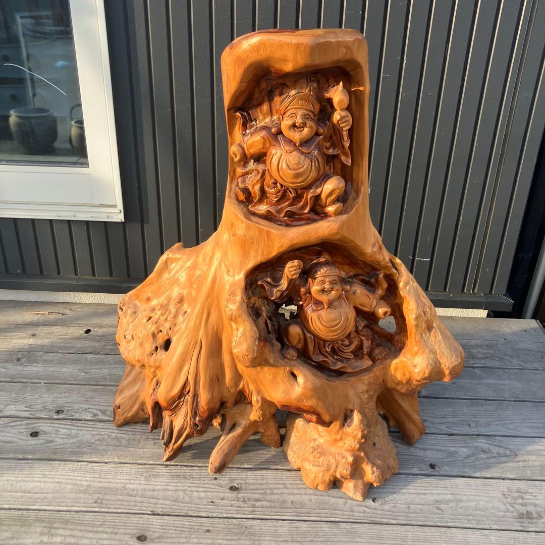 昭和レトロ 天然木 一刀彫 極上彫 七福神 大黒様 大黒天 恵比寿様 大型 置物