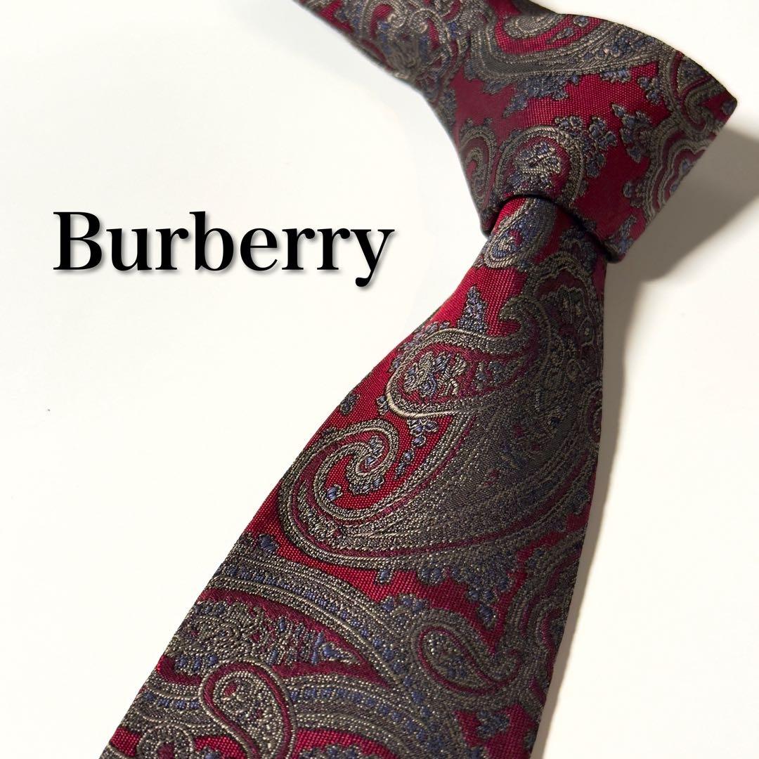 【美品】 Burberry バーバリー レッド系 ペイズリー柄 ネクタイ