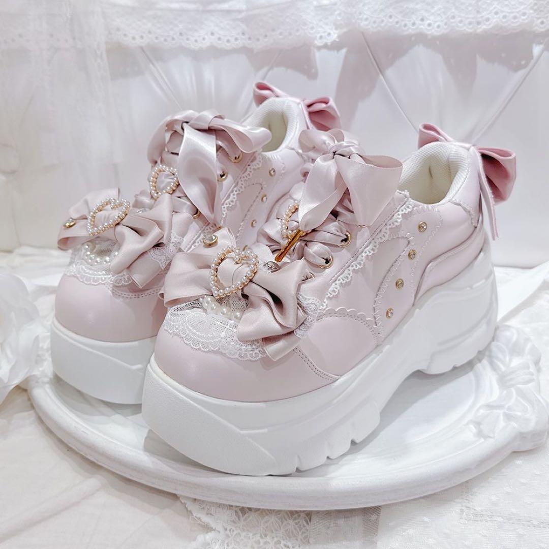 ゴスロリ 厚底スニーカー リボン シューズ 靴 Lolita 地雷系 ピンク