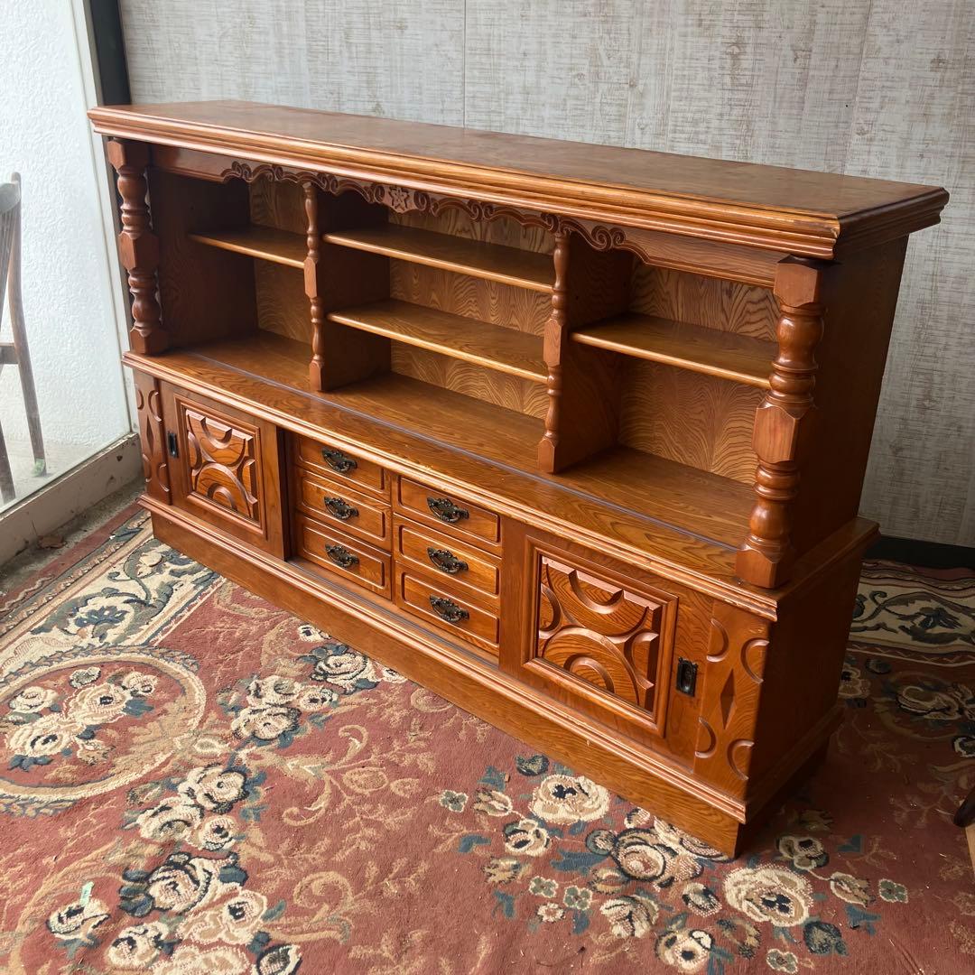 昭和レトロ 旭川家具 さくら工芸 大型 木製サイドボード 飾り棚 古家具 食器棚