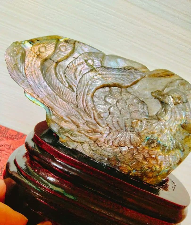 リ*ー様 鳳凰　彫刻　置物　天然石　ラブラドライト置物　ラブラドライト　台座付き