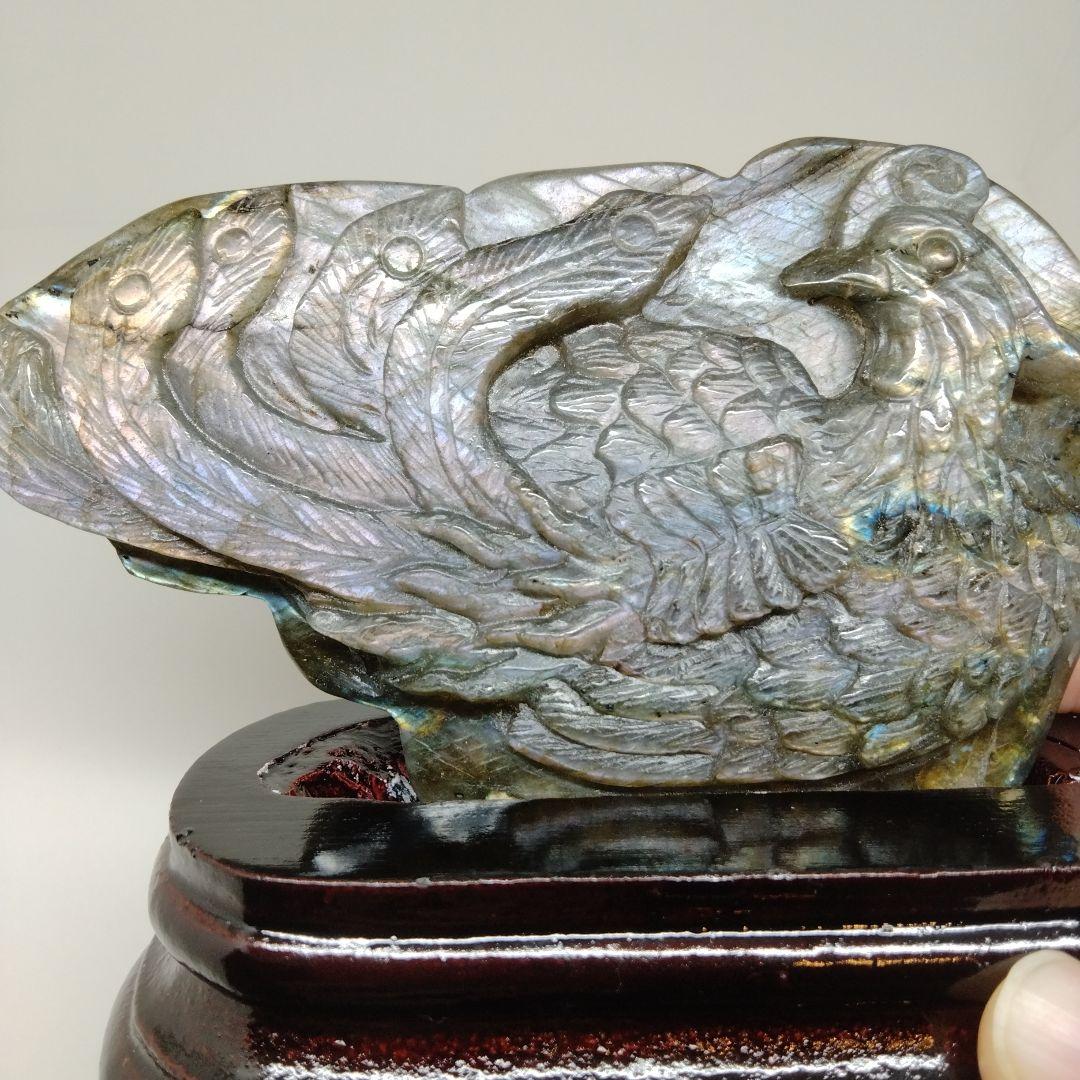 リ*ー様 鳳凰　彫刻　置物　天然石　ラブラドライト置物　ラブラドライト　台座付き