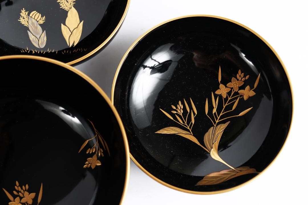 輪島塗 草花絵替 図替 蒔絵 煮物椀 五客 浅己　浅見②