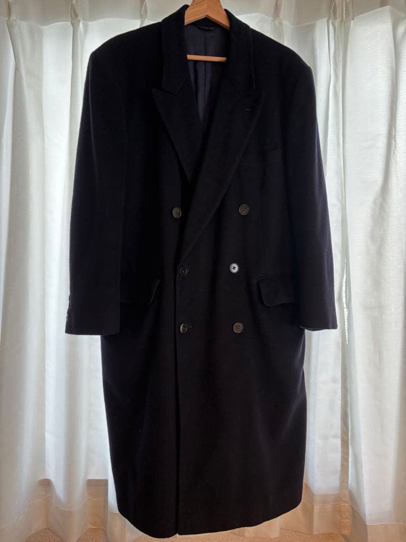 ウール100% ロングコート ダブル チェスターコート 黒 M