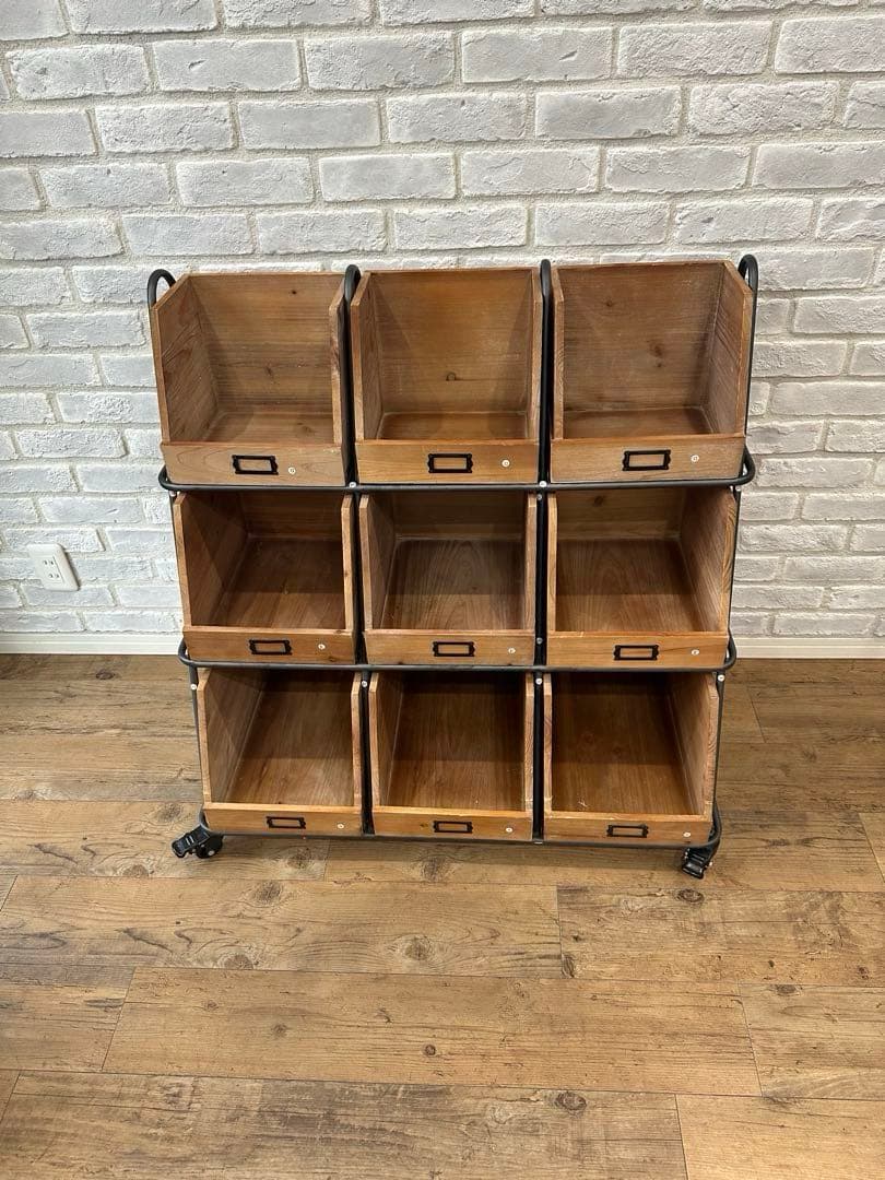 アイアンフレームキャスター付き木製収納ラック