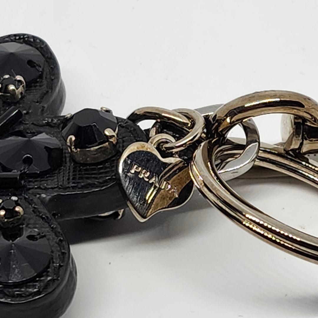 美品 PRADA プラダ キーリング ビジュ FLOWER 花 シルバー 黒