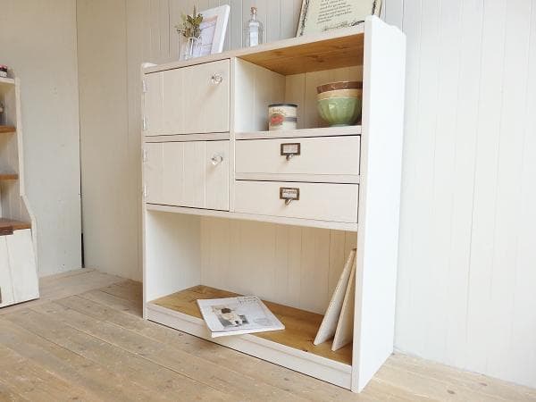 サイズオーダー可！２扉２引出デザインキャビネット●シャビーホワイト無垢●受注製作