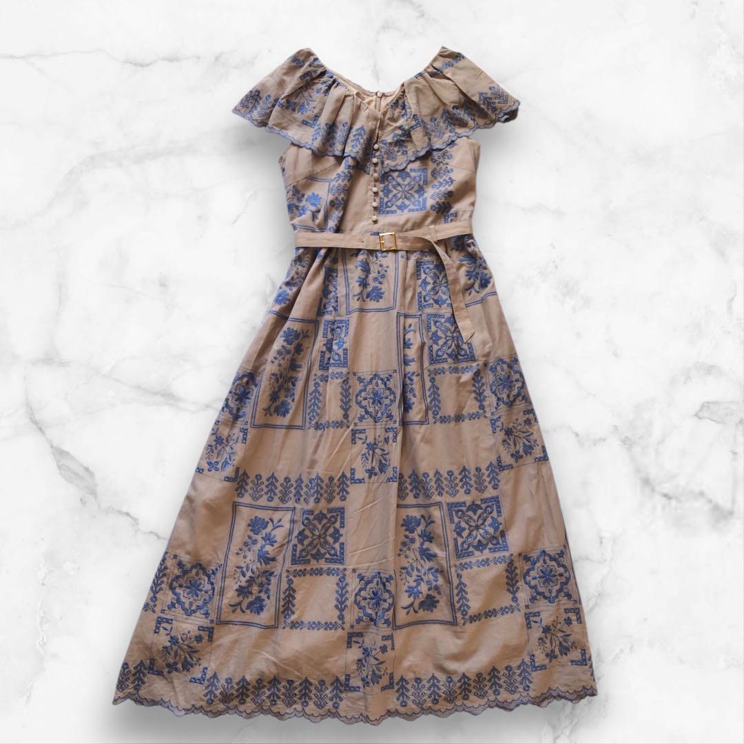 【極美品】グレースコンチネンタル ケープカラー刺繍ワンピース ベルト S