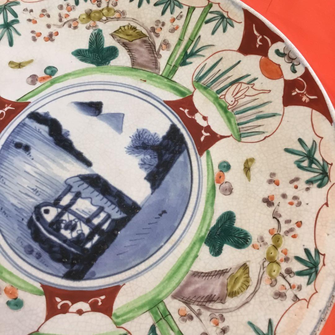 風景画と花模様の茶碗　アンティーク古い　大皿　飾り皿　約39センチ