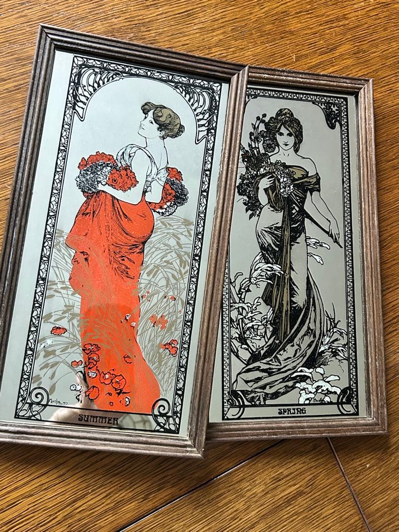 英国　ヴィンテージ 木製フレーム　ウォールミラー　サマー　スプリング　2枚