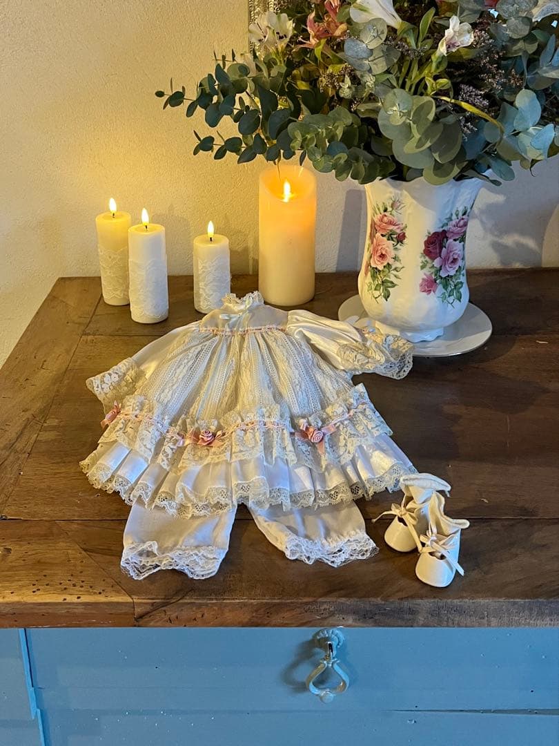 ◆フランスアンティーク｜限定1セットビスクドールフリルレスドレス靴ペチコート靴下