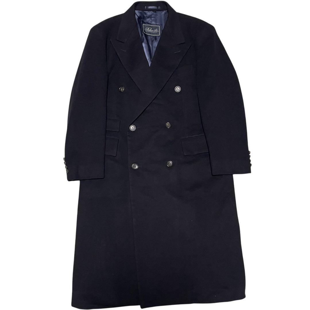 カシミヤ30%【vintage】マキシ丈ダブルチェスターコート 日本製 濃紺 S