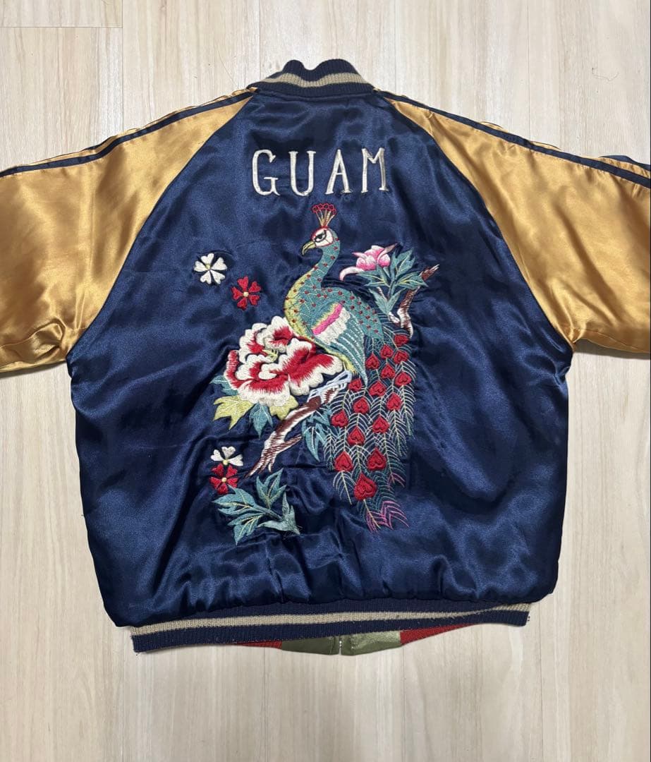 東洋　スカジャン　グアム 地図＆孔雀 刺繍