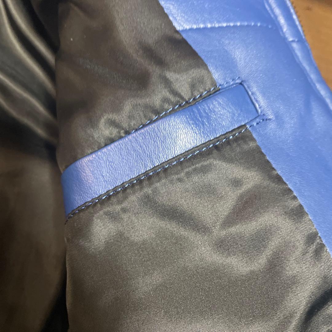 ゆうぽむぷりん高級本革 羊革 青　レザー キルティング ダイヤ ジャケット