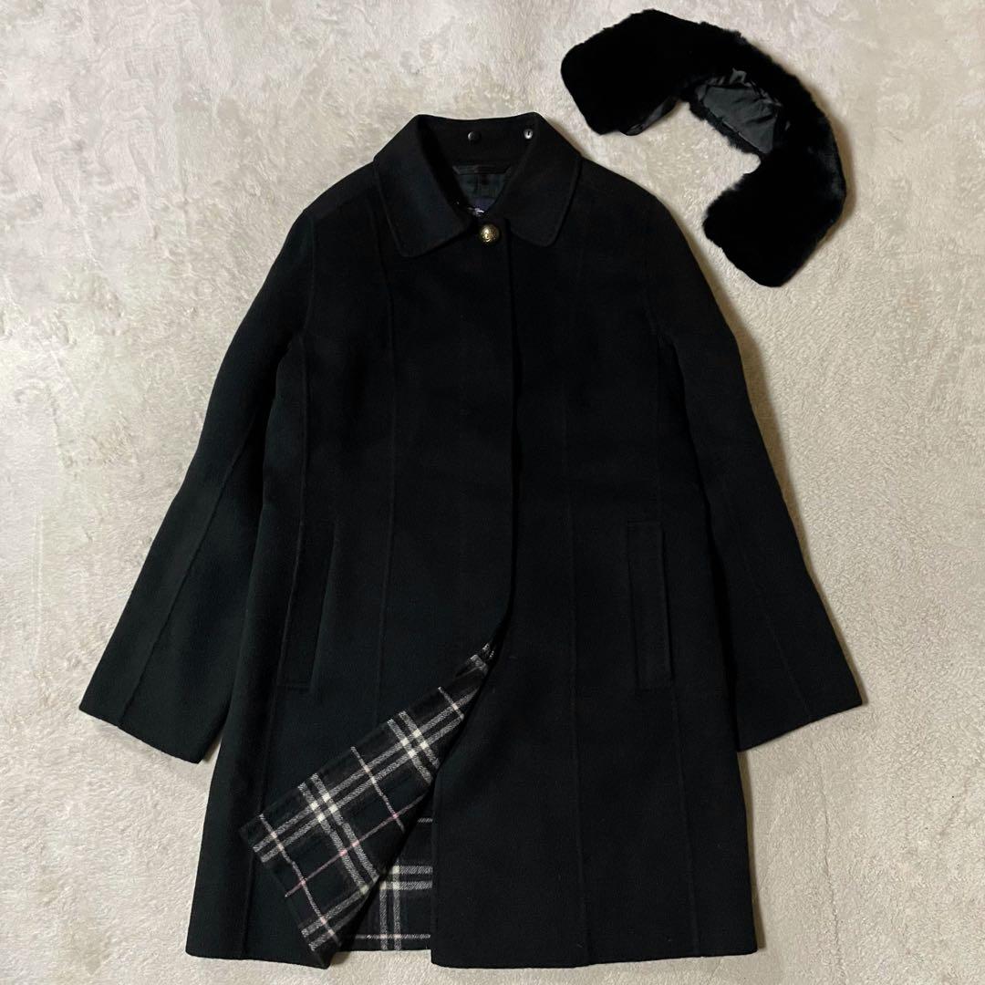 専用バーバリー カシミヤ混 襟ラビットファー ロングウールコート Lネイビー美品