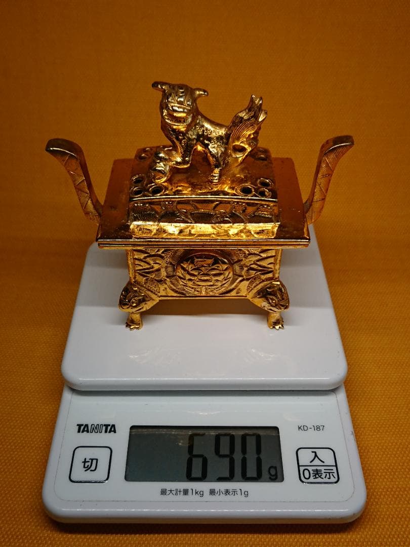 【美品】仏教美術　本金メッキ　香炉　銅製　置物　インテリア　工芸品　A1667