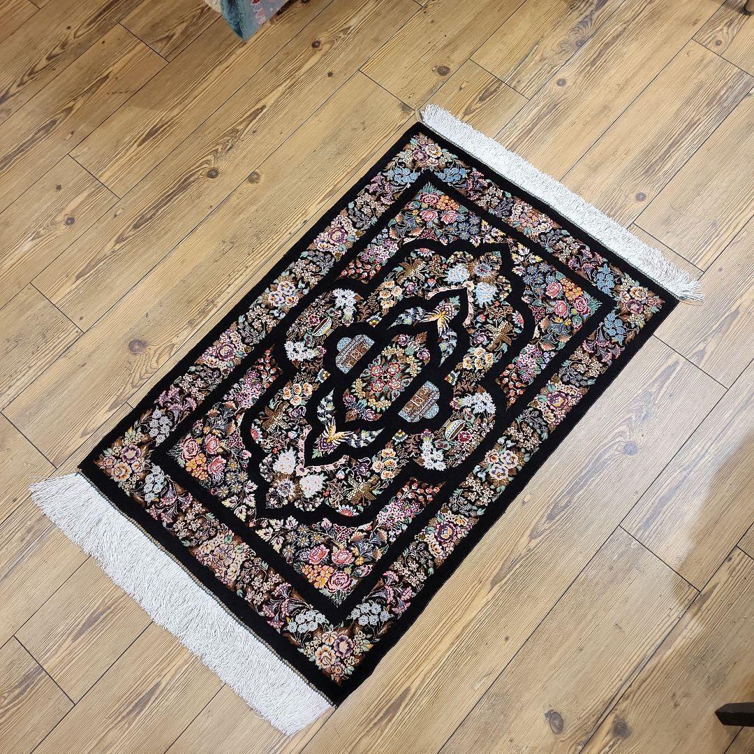 87x58cmペルシャシルクマット(010)クム産・絨毯・ラグ・カーペット・絹