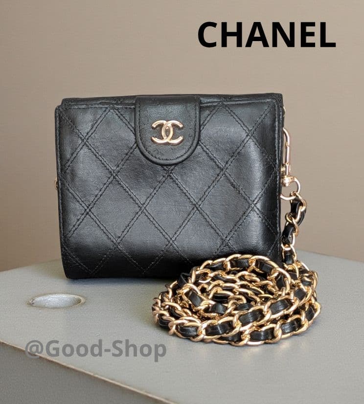 シャネル　ビコローレ　Wホック折り財布　黒　ラムスキン　チェーンウォレット