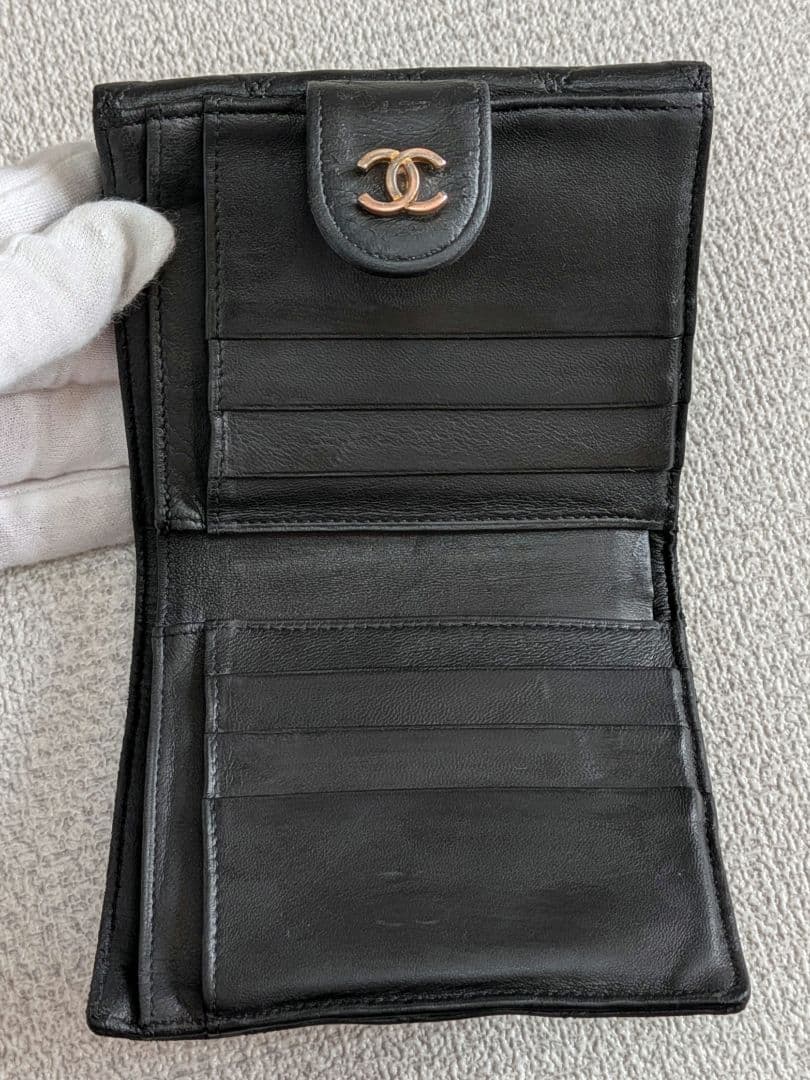 シャネル　ビコローレ　Wホック折り財布　黒　ラムスキン　チェーンウォレット