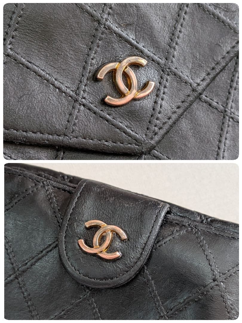 シャネル　ビコローレ　Wホック折り財布　黒　ラムスキン　チェーンウォレット