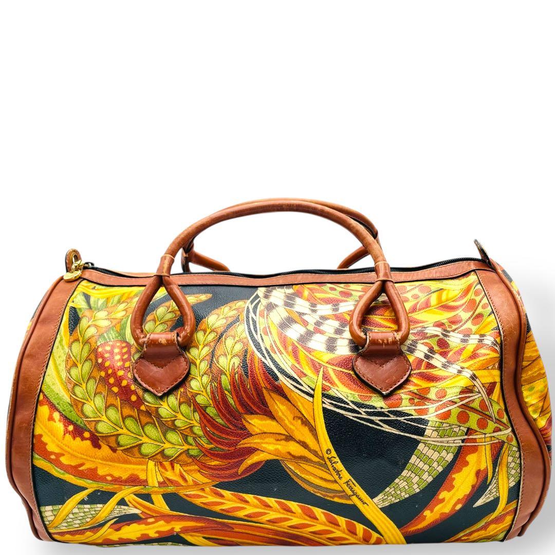 良品 Ferragamo ボストンバッグ PVC ボタニカル 2way 花柄