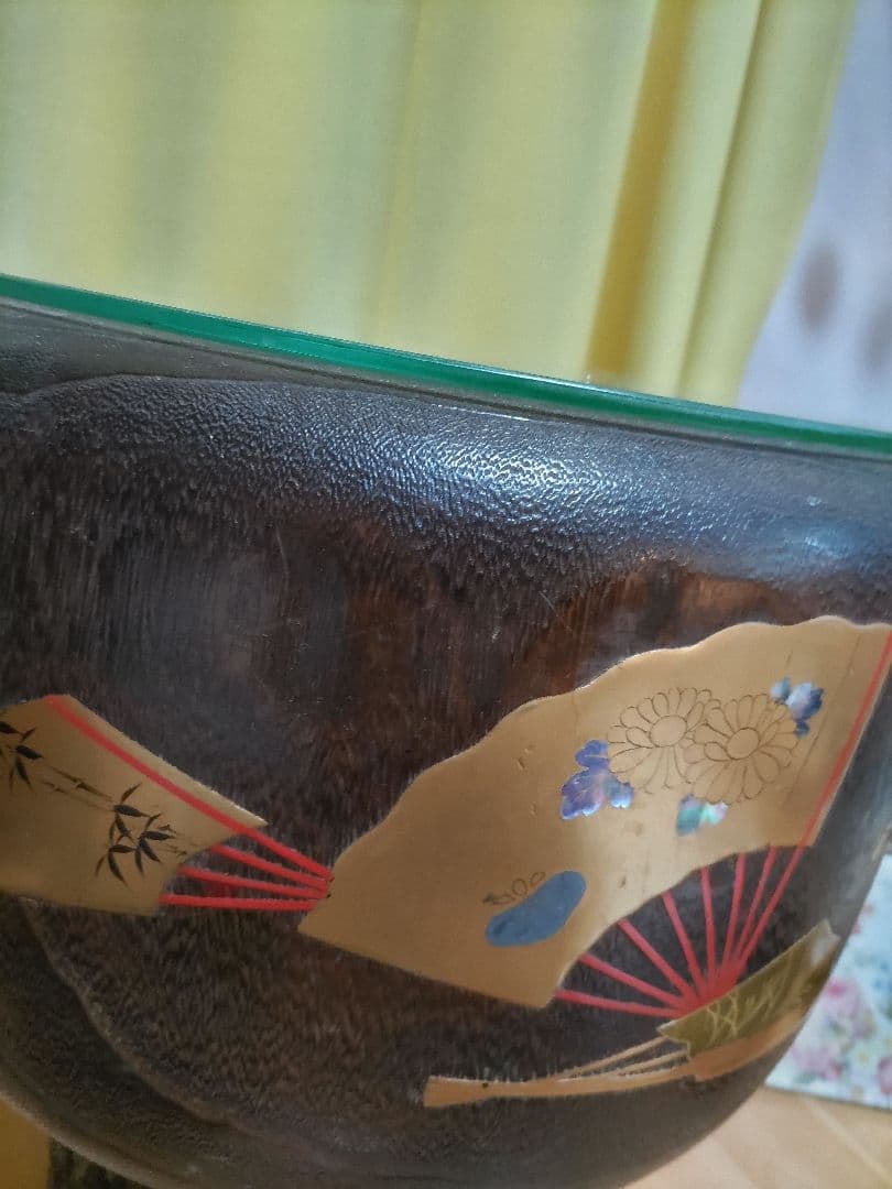 骨董品　江戸末期　蒔絵　金扇らでん使い　桐火鉢　ガラステーブル付季節限定お値下げ