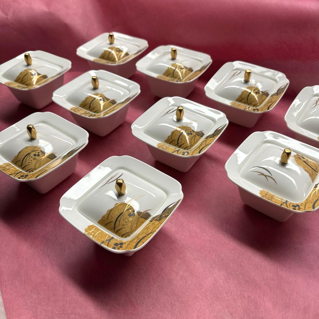 ナルミ（NARUMI）の白耀磁器 金銀彩 武蔵野文 蓋付き小鉢10セット