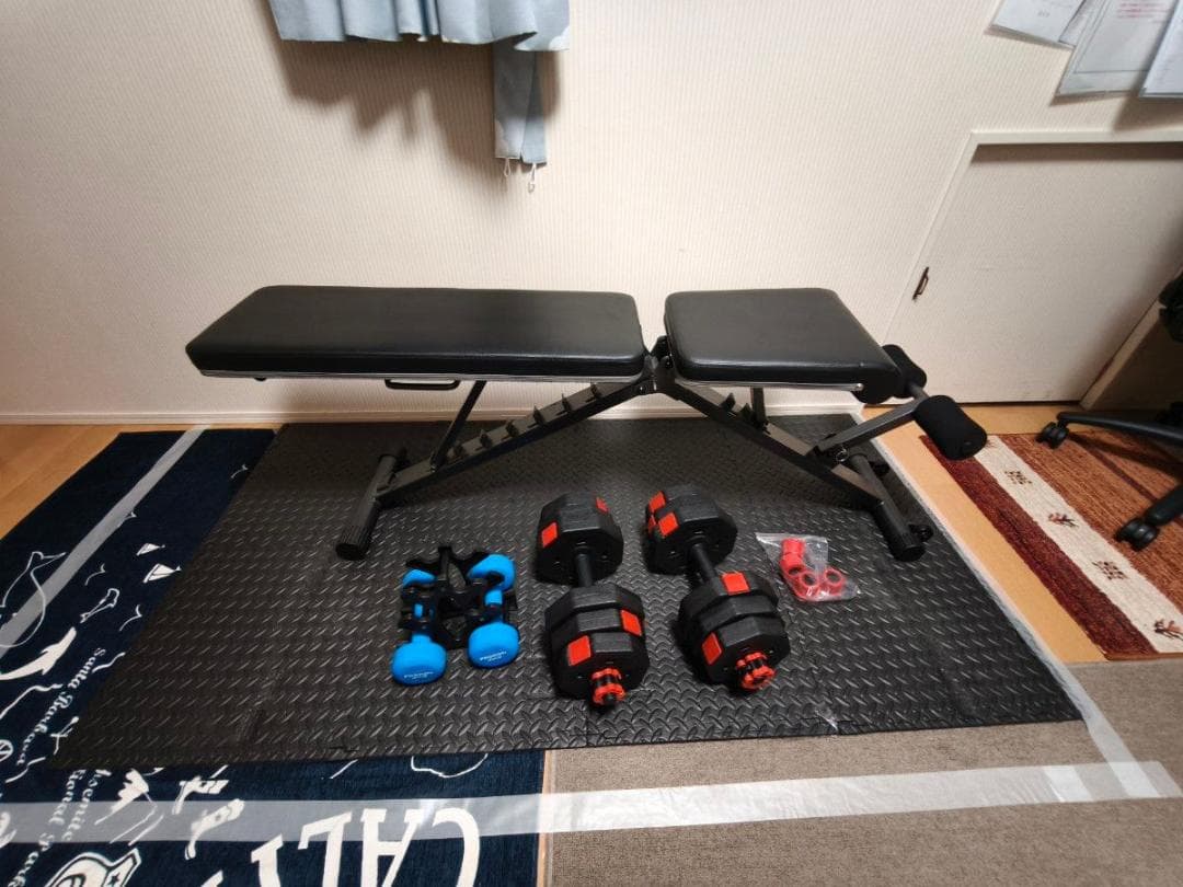 ☆おうちジム フルセット②ベンチ、マット、ダンベル 2個づつ+ダンベルラック ☆