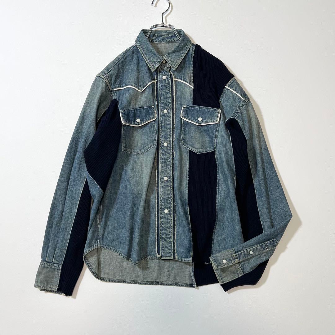 3340【美品】サカイ　ドッキングデニムシャツ リブニット　異素材　インディゴ