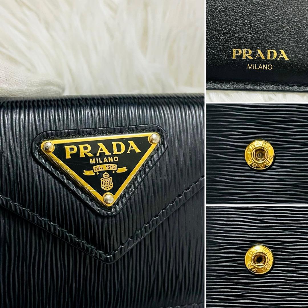 極美✨PRADA 三つ折り財布 トライアングル ロゴ レザー 黒