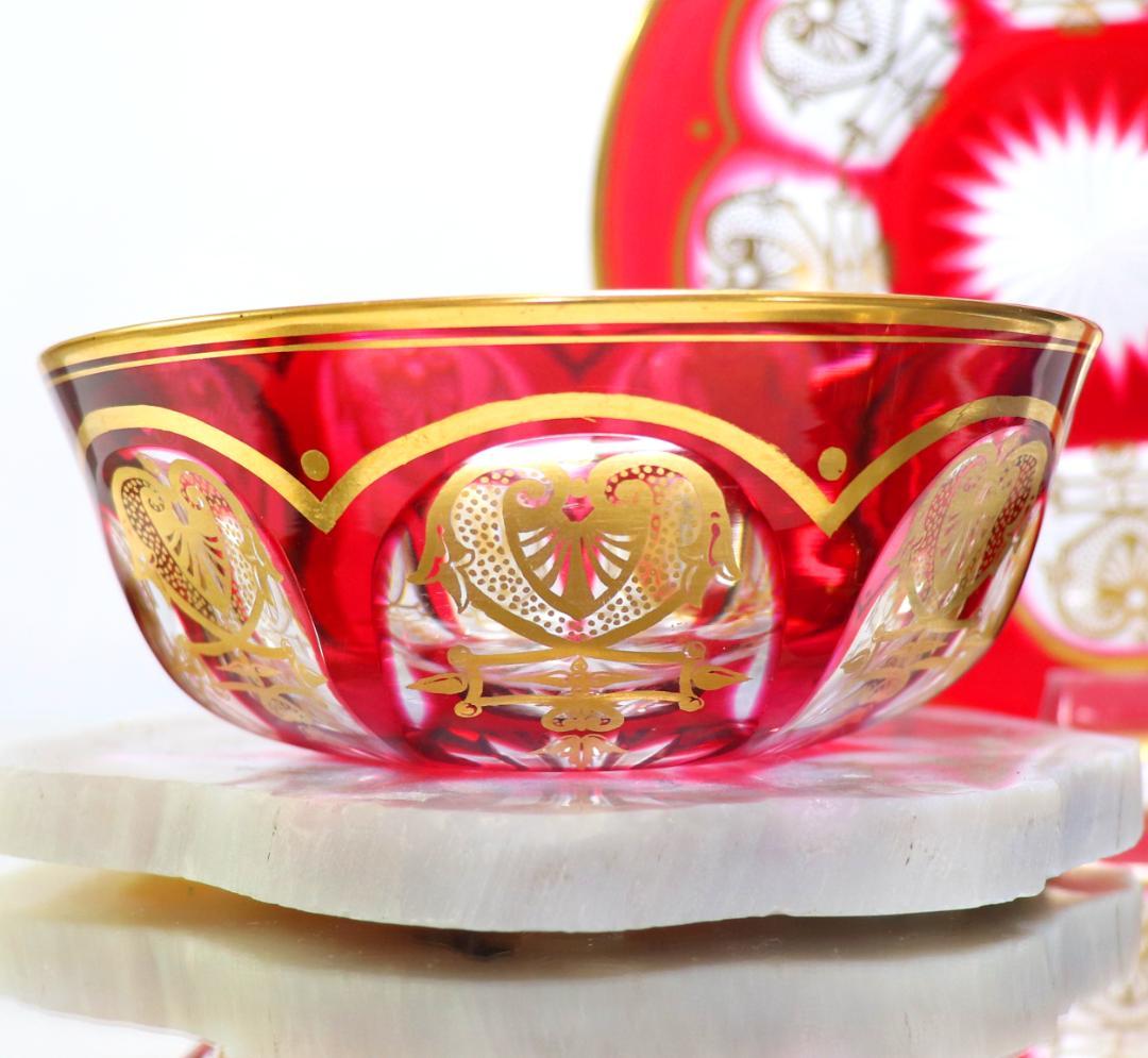 オールド・バカラ 最高級 ルビーレッド 金彩アンピール様式 菓子用ボウル＆受け皿