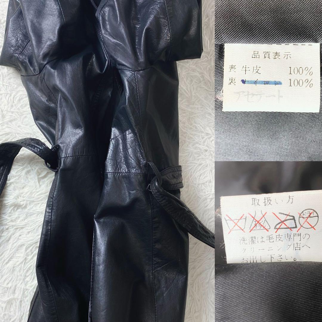 値下げ中 牛革 本革 レザー トレンチコート ロングコート ウエストリボン 黒
