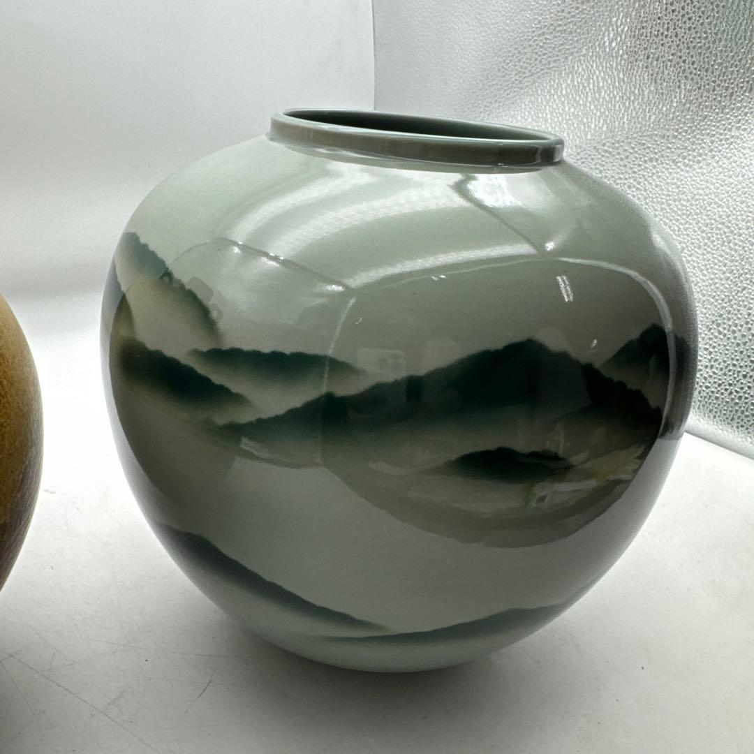 2点山模様の大きな陶器花瓶橘吉古董品